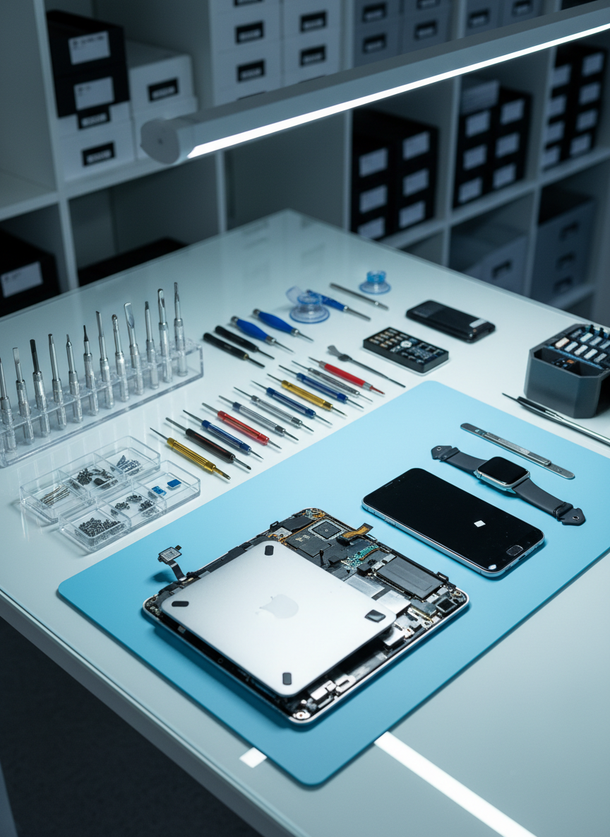 Pristine technology repair workstation with laptop, smartphone and precision tools in a modern Swiss workshop