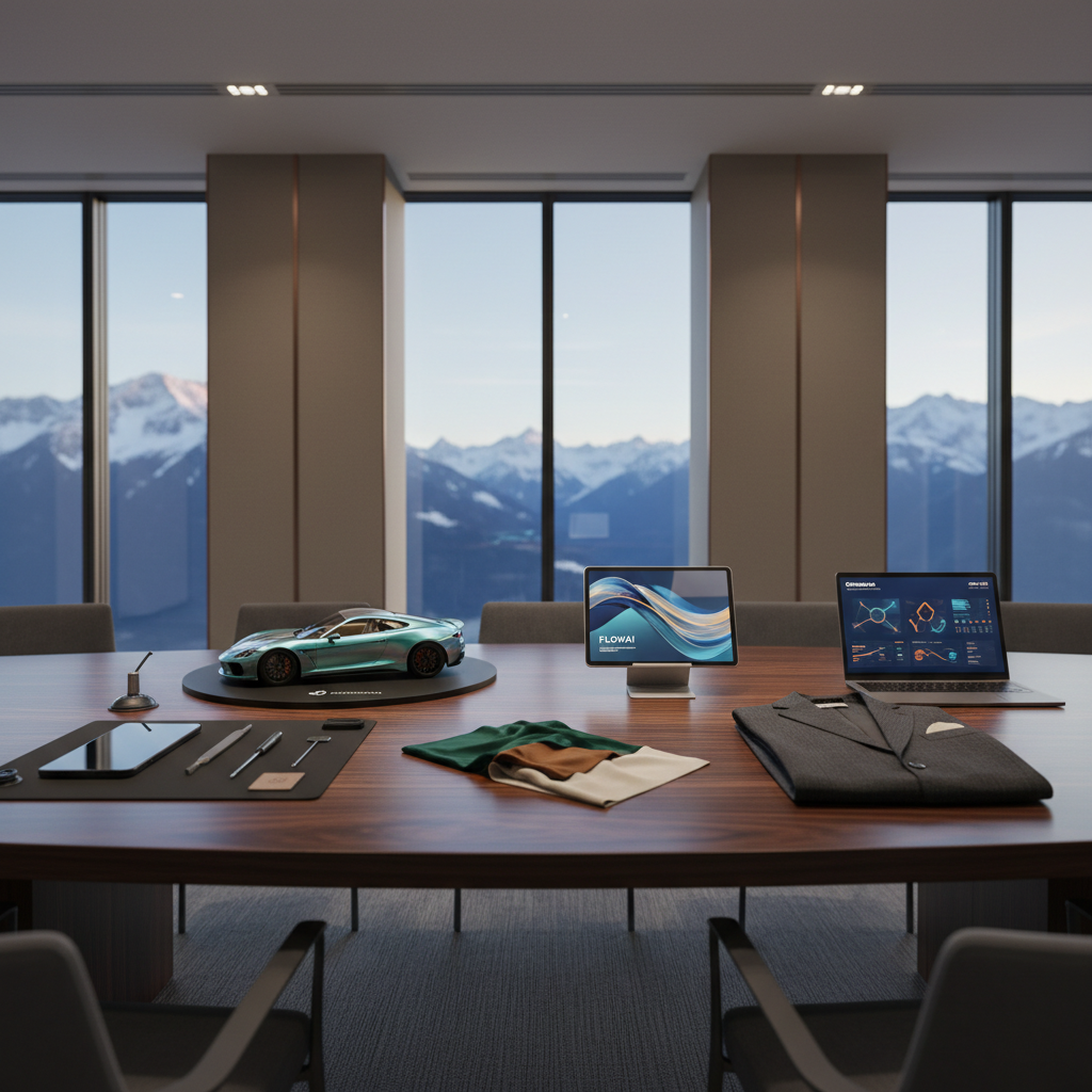 Swiss boardroom table displaying five brand product vignettes