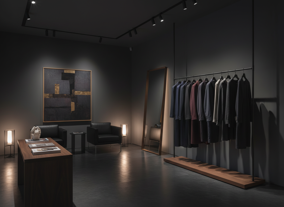 Dark luxury fashion atelier with a rack of tailored garments