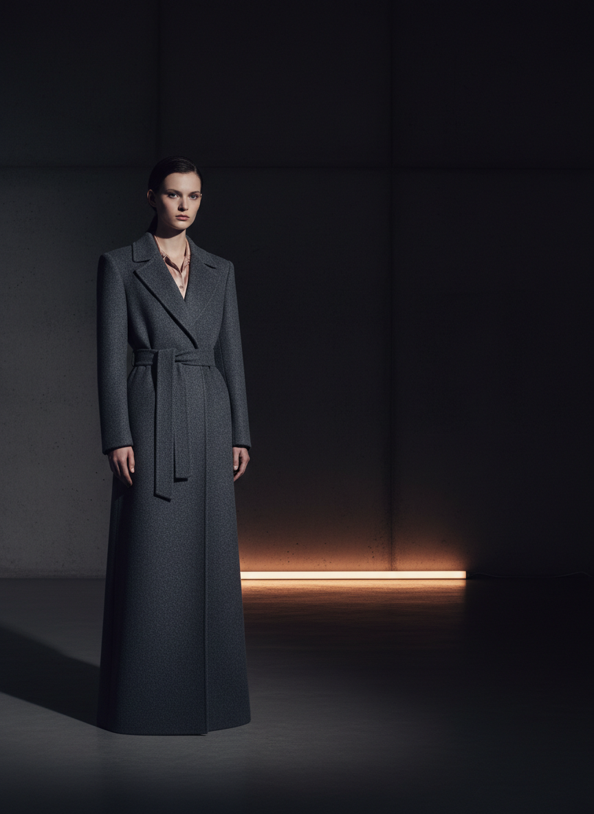Model wearing a tailored dark luxury coat in moody studio light