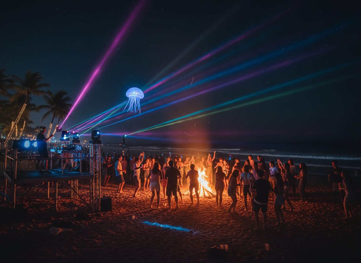 Fête sur la plage la nuit avec DJ set et feu de camp