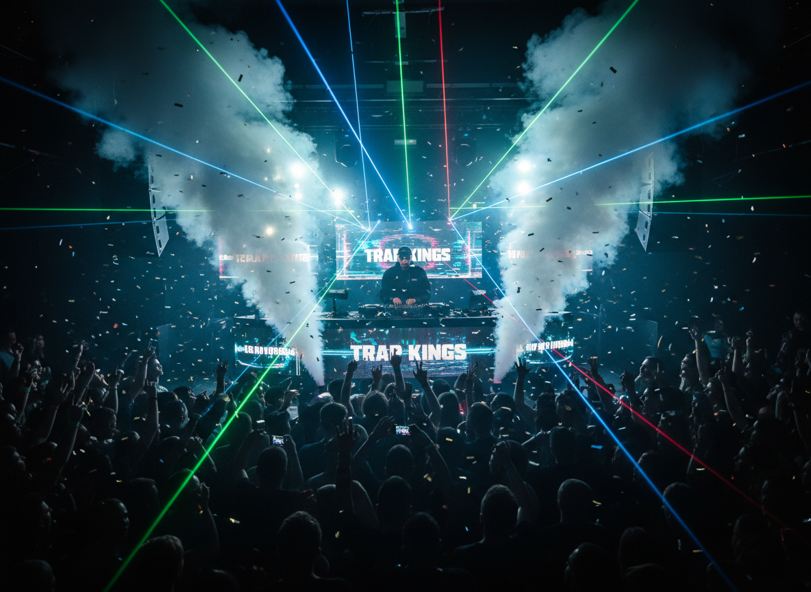 DJ sur scène dans un club bondé, lasers et fumée