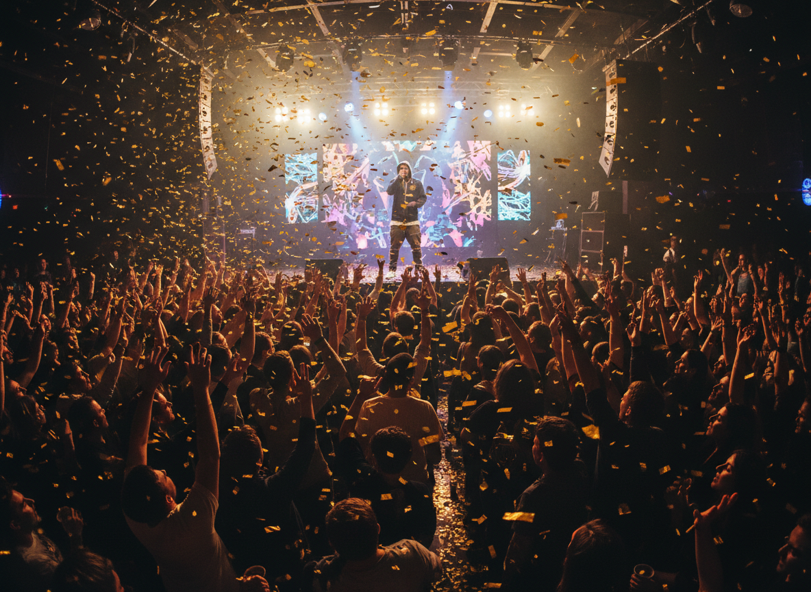 Foule euphorique avec confettis dorés dans un club