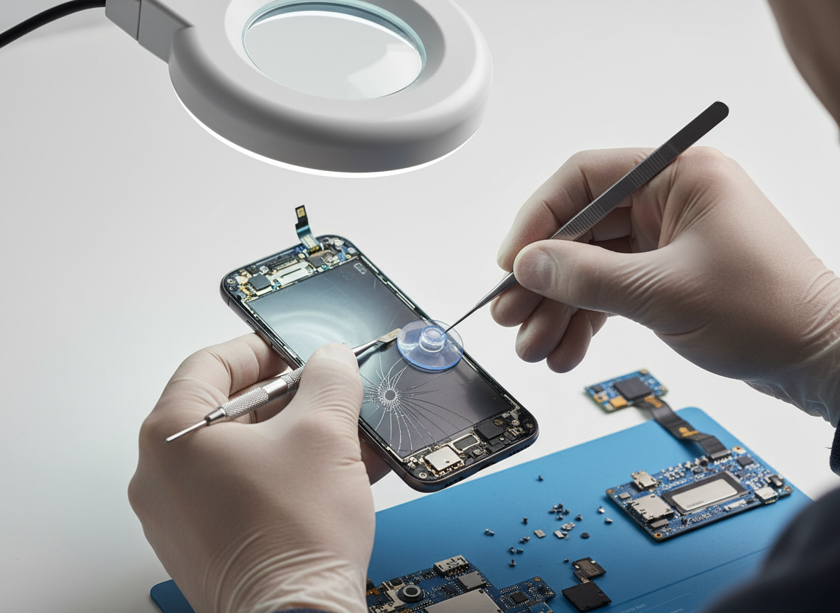 Technicien réparant un smartphone