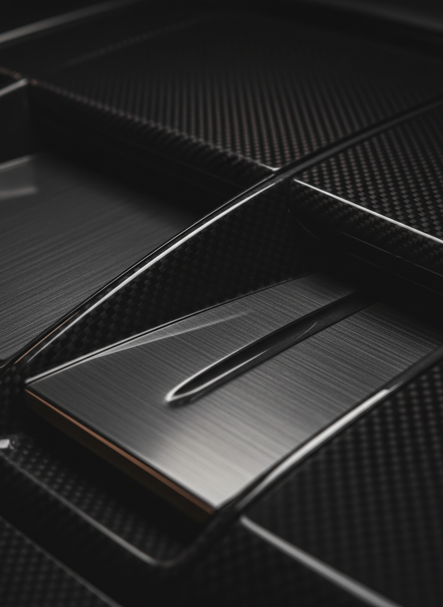 Moody dark abstract detail of premium automotive carbon fiber and brushed metal surfaces with subtle reflections, luxury craftsmanship texture