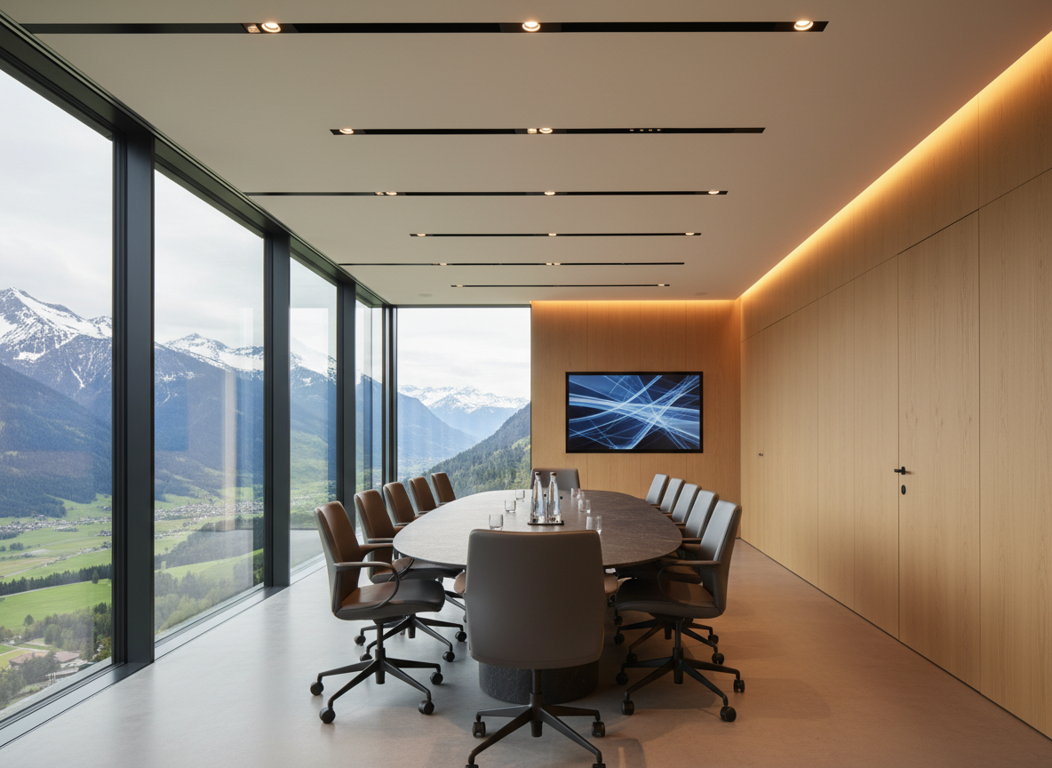 Bureau moderne suisse avec vue sur les montagnes