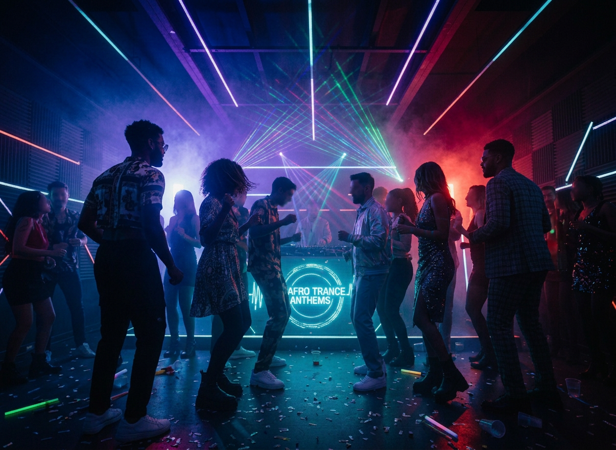Group of friends dancing and laughing in a dark nightclub, neon lights, afro trap music party, stylish outfits, photorealistic