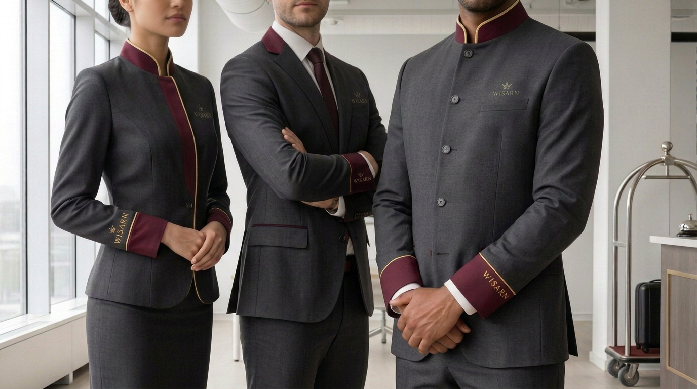 Professional corporate team wearing refined tailored workwear and branded apparel, clean minimalist office setting, neutral tones, sophisticated business fashion photography, natural light