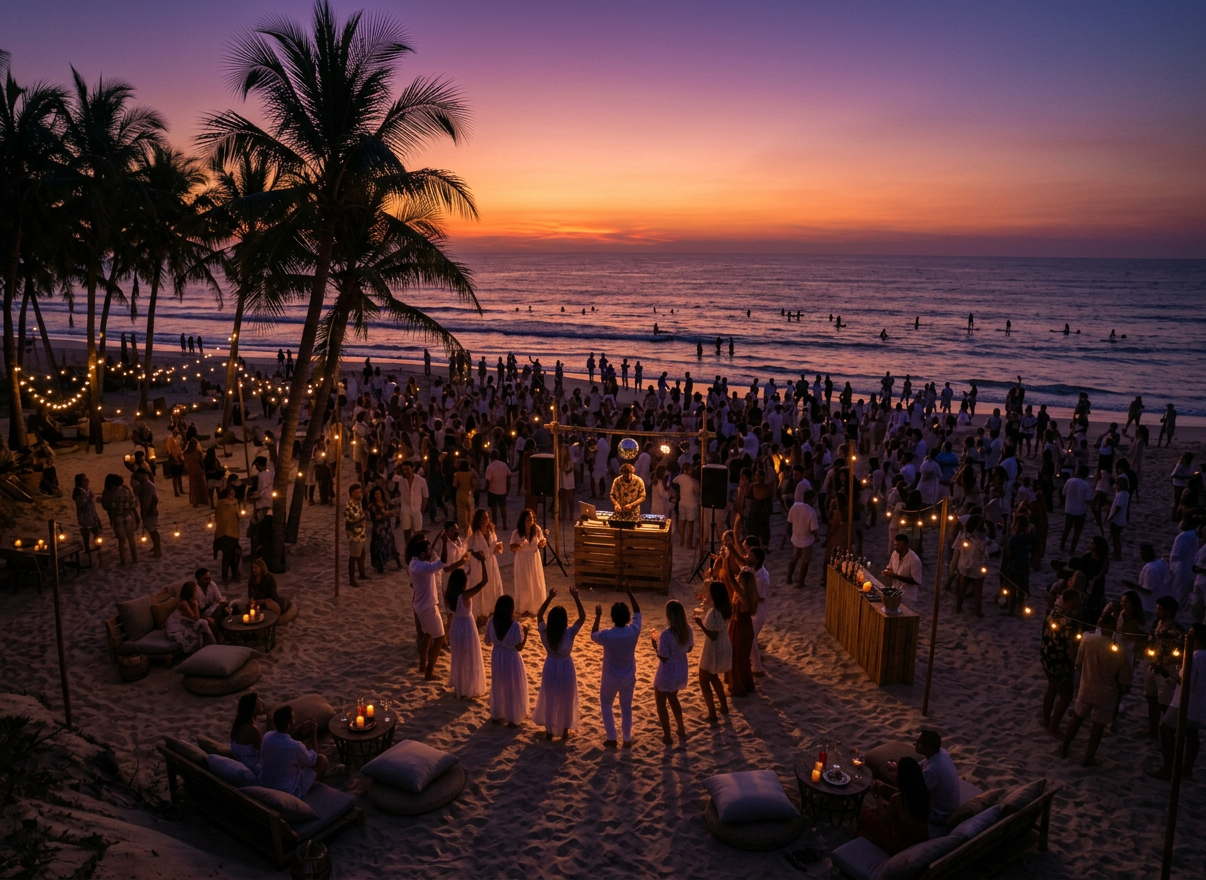 Friends celebrating at a beach party during golden hour sunset, dancing, drinks, DJ set on the sand, warm colors, photorealistic