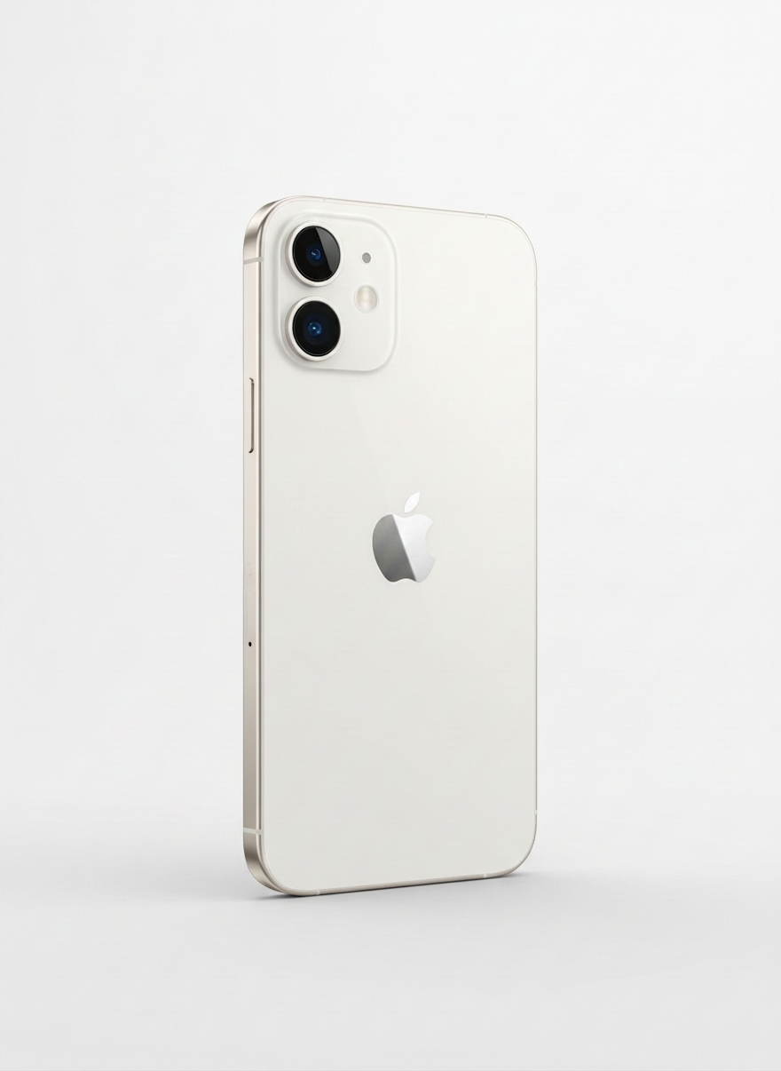 iPhone 12 - Shop HRepair Sleek modern smartphone product illustration, iPhone 12 in white color, minimalist clean white background, studio lighting, elegant sophisticated style, no text